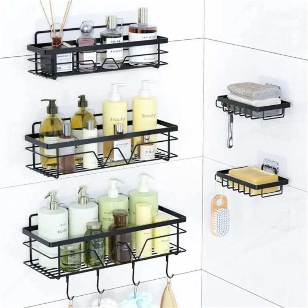5 Pack Shower Caddy Shelves Organizer with 4 Hooks, Self Adhesive Rack Storage